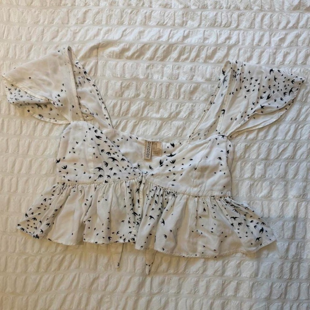 H&M White Blouse with Blue Bird Pattern